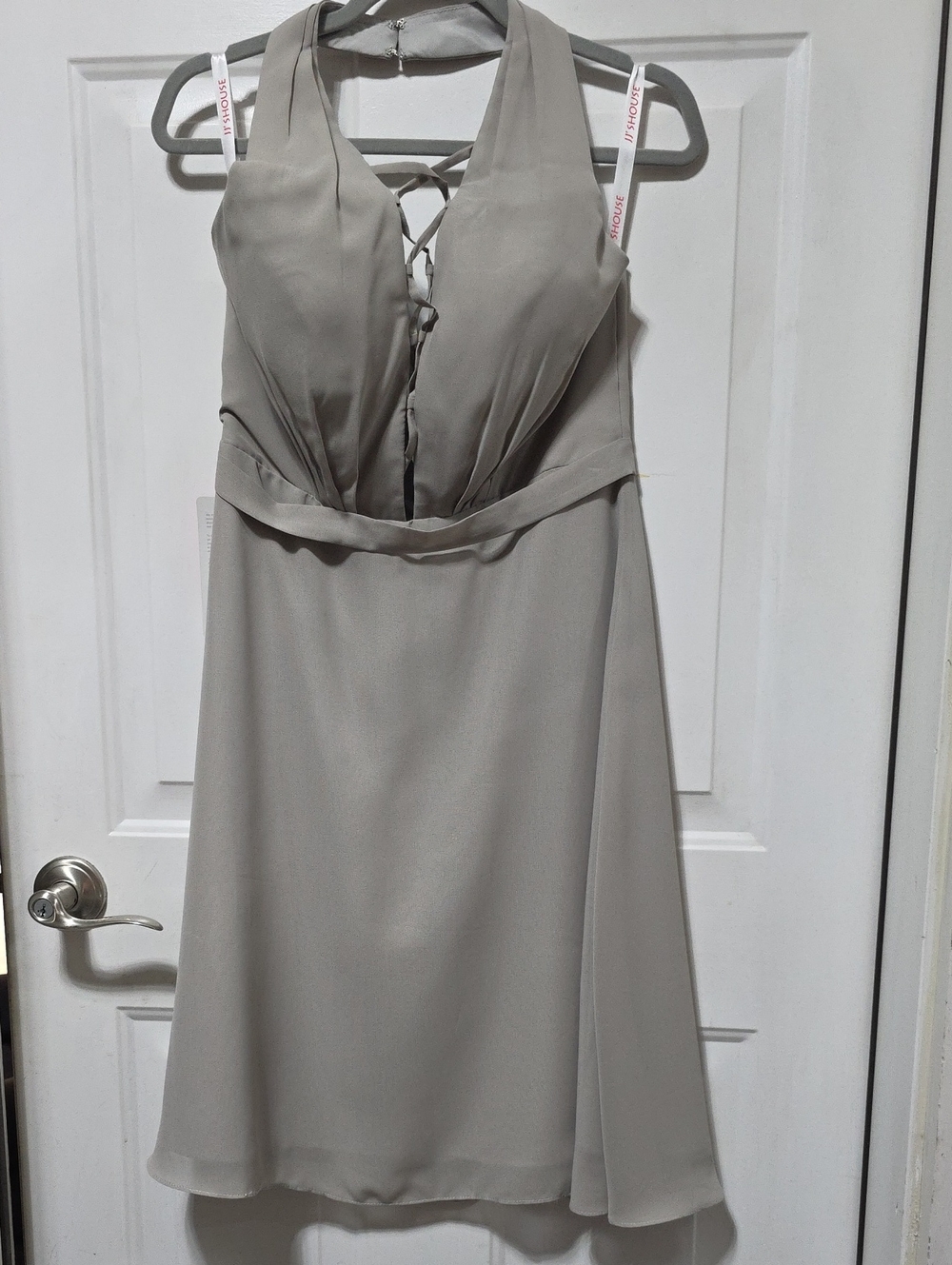JJs House One-Shoulder Lace-Up V-Neck Dress in Light Gray